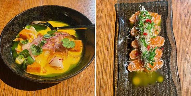 Lychee Ceviche, left, and Salmon Tataki, right.