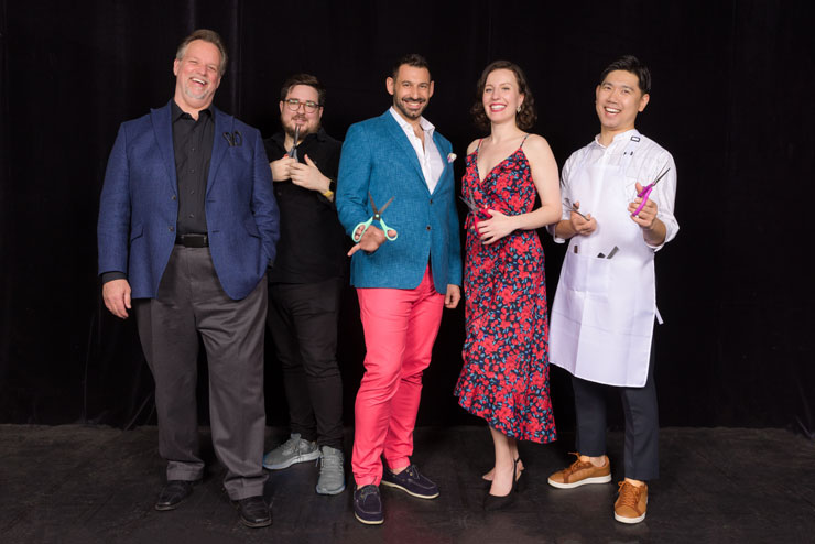 From left, Kristopher Irmiter (Dr. Bartolo), Rafael Porto (Basilio), Michele Angelini (Count Almaviva), Stephanie Doche (Rosina), Young-Kwang Yoo (Figaro) in FGO's final production of its anniversary season, 