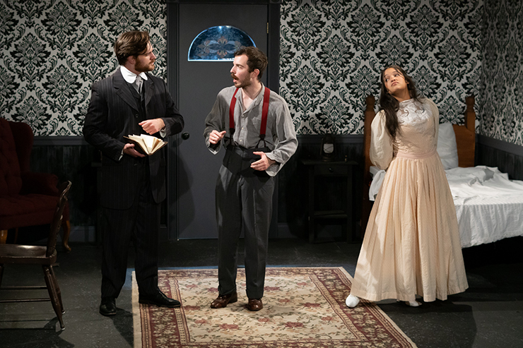 Chad Raven as Bram Stoker, Grant Grande as Dr. Jack Seward, and Eleni Larancuent as Emily in Main Street Players' production of 