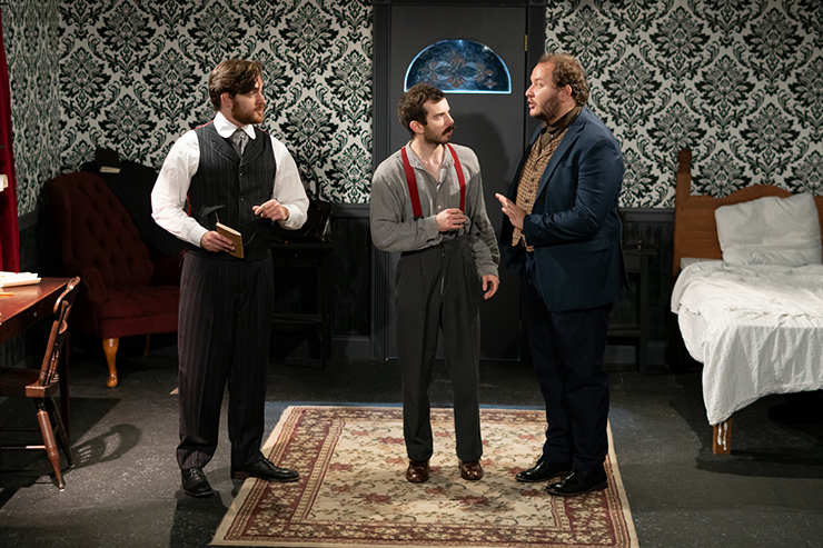 Chad Raven as Bram Stoker, Grant Grande as Dr. Jack Seward, and Garrett Colon as Louis Carlysle in Main Street Players' 