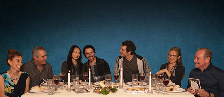 The cast of Zoetic Stage's world premiere play “Wicked Child,” from left, Margery Lowe, Wayne LeGette, Gracie Blu, Ben Katz, Jeff Brackett, Jeni Hacker, and Michael McKeever. (Photo by Justin Namon)