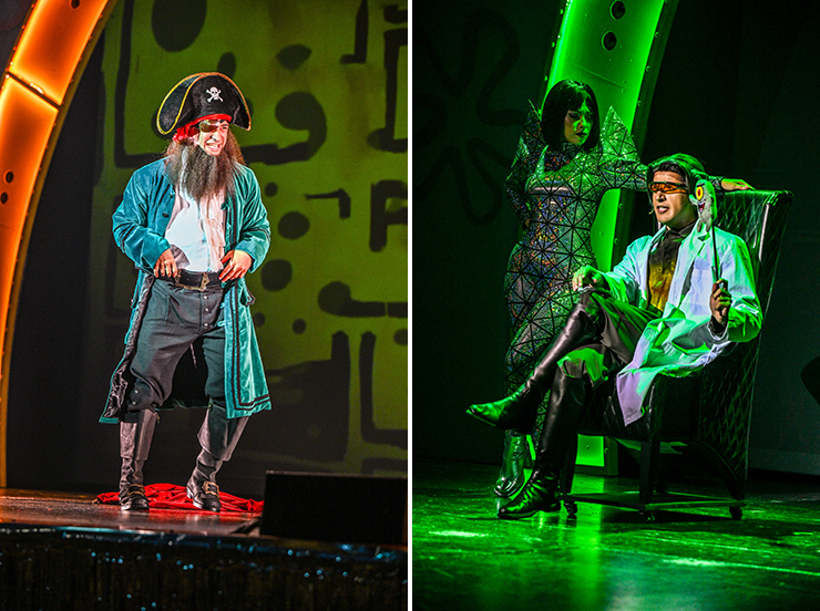 LEFT: Patchy the Pirate (Gianfranco Imbert) does his thing before the official start of the show. (Photo by Larry Marano) RIGHT: Villains Karen the Computer (Lauren Horgan) and Sheldon Plankton (Alexander Blanco) scheme to bring down the good guys. (Photo by Larry Marano)