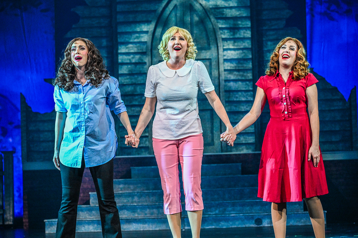 The witches appearing here are Alexandra (Gail Bennett), Sukie (Lindsey Corey) and Jane (Leah Sessa). (Photo by Ron Elkman)