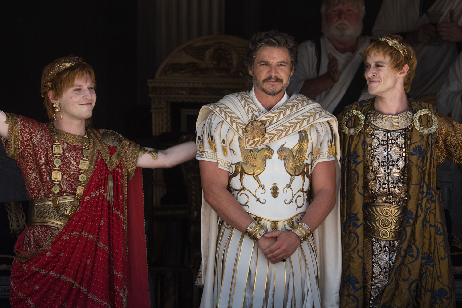 Fred Hechinger as Emperor Caracalla, Pedro Pascal as General Acacius and Joseph Quinn as Emperor Geta in a scene from 