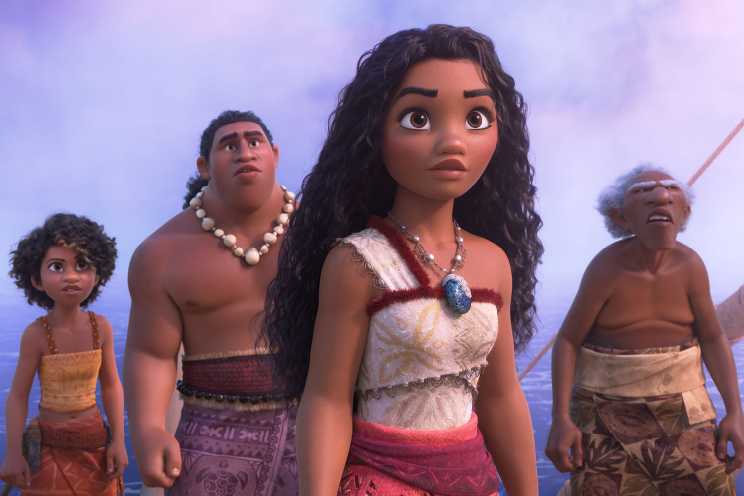 Rose Matafeo voices Loto, Hualalai Chung voices Moni, Auli'i Cravalho voices Moana and David Fane voices Kele in a scene from 