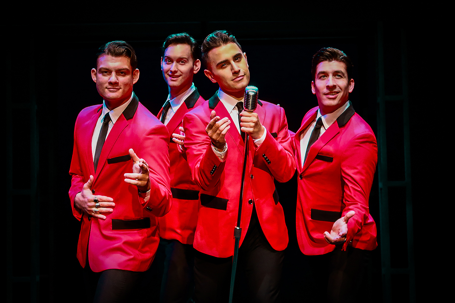 Domenic Servidio (Nick Massi), Quinn Corcoran (Bob Gaudio), Joshua Charles
Skurnik (Frankie Valli) and Nathan Cockroft (Tommy DeVito) star in 