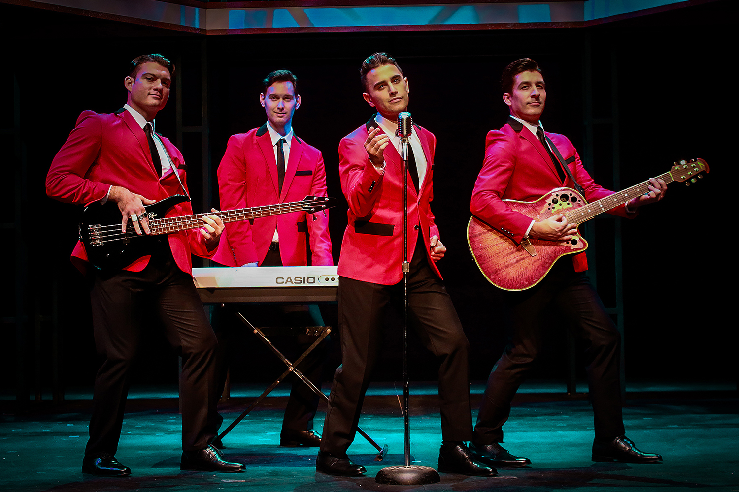 Domenic Servidio, Quinn Corcoran, Joshua Charles Skurnik and Nathan Cockroft are the Jersey Boys at Actors' Playhouse at the Miracle Theatre (Photo by Alberto Romeu)