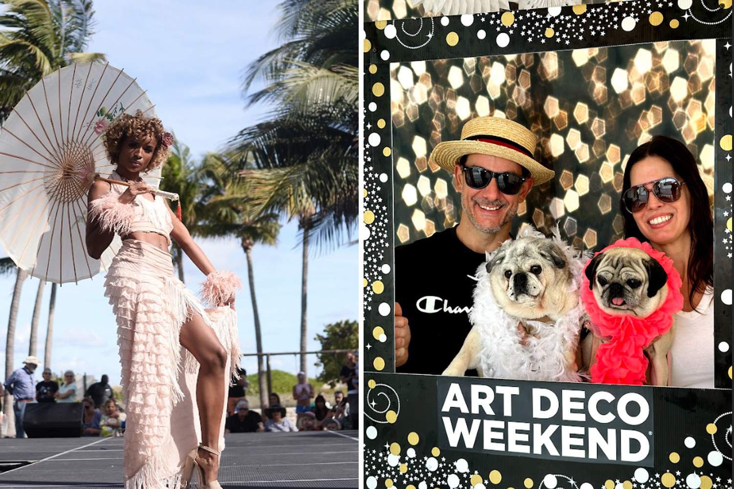 At left, Art Deco Fashion Show, and, art right, fashionable pooches participating in the Paws Promenade.