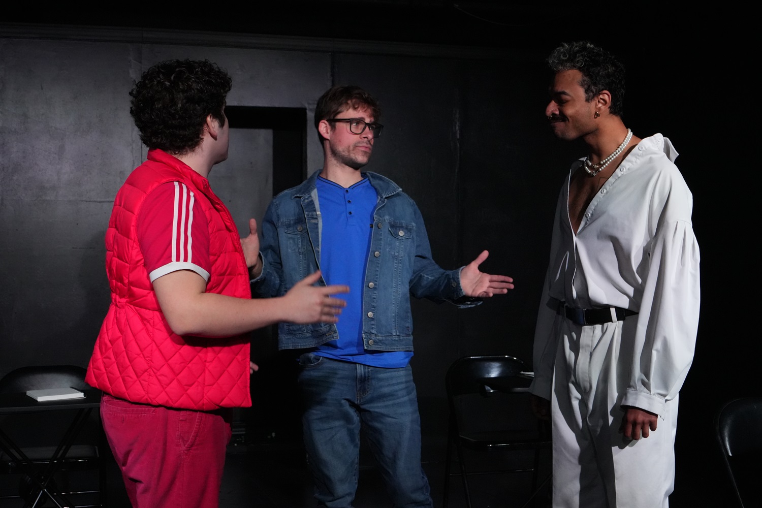 Luis Otamendi, Gabriel del Portal and Richard Lewis as Red, Blue and White in LakehouseRanchDotPNG's production of Mackenzie Raine Kirkman's 