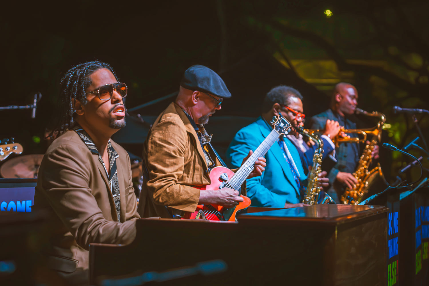 Award-winning jazz pianist Matthew Whitaker with band members Dave Stryker, Vincent Herring, Eric Alexander at opening night of the 2024 South Beach Jazz Festival. (Photo by MasterWing Creative Agency Photography)