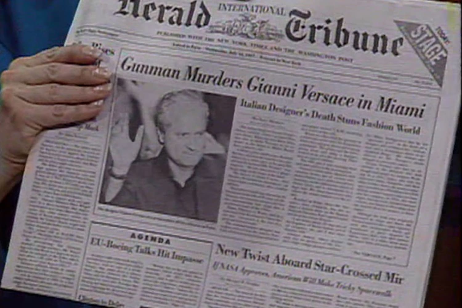 A newspaper headline of the murder of fashion designer Gianni Versace during the film 