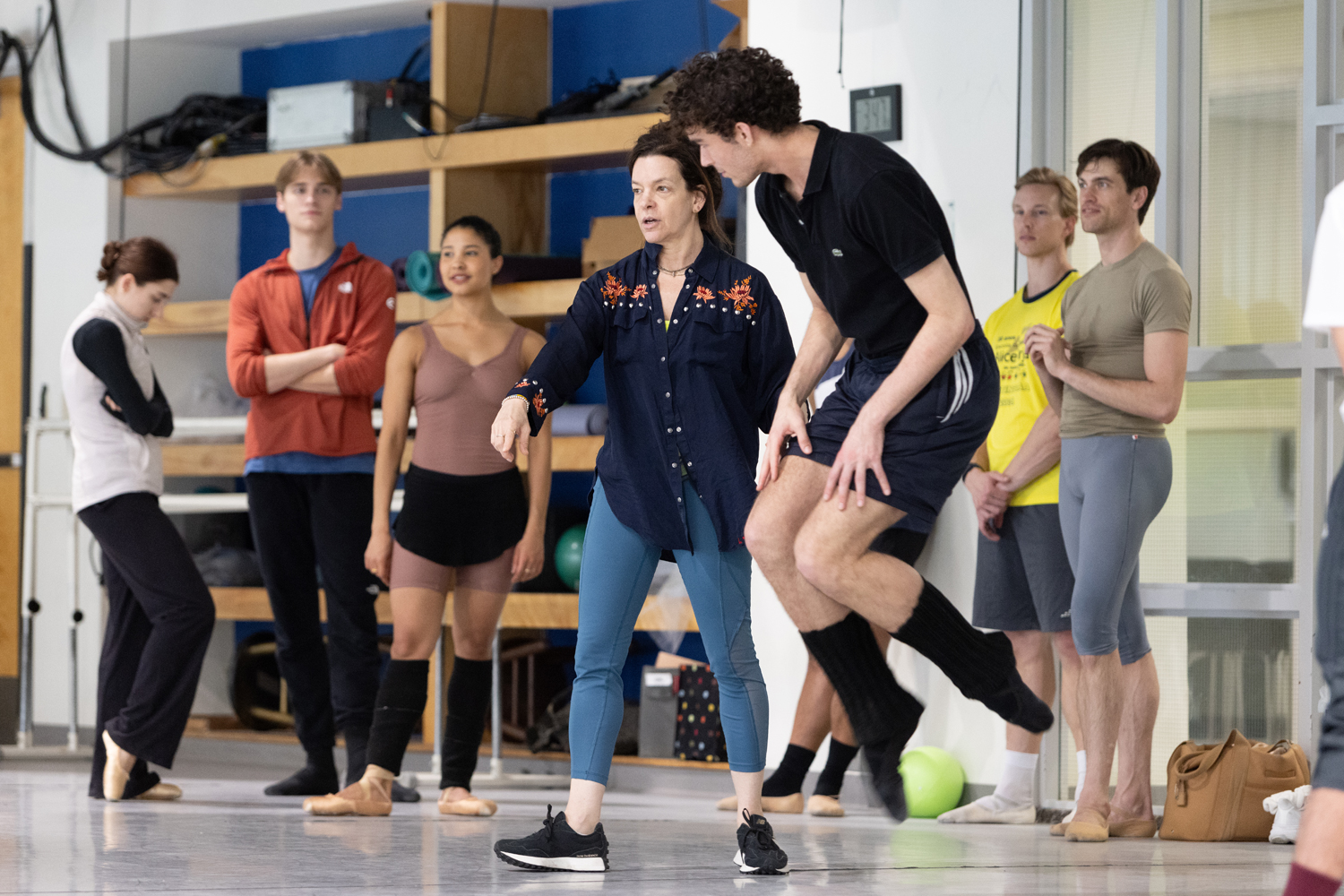 Choreographer Pam Tanowitz with dancer Ethan Rodrigues rehearsing 